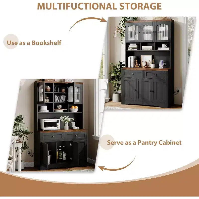 Tall Kitchen Pantry Storage Cabinet with Hutch, 70.8 Inch, 30mm Countertop, Fluted Glass Doors