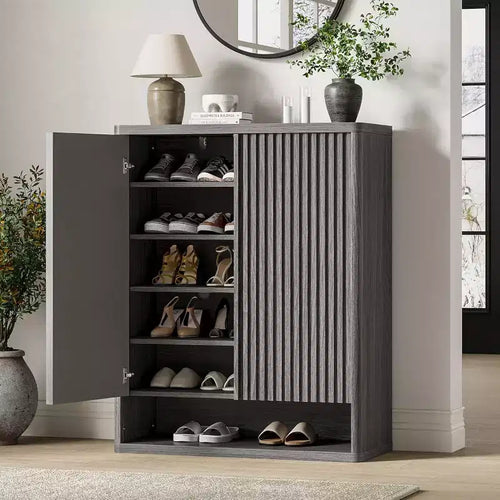 41.3 Inch Shoe Cabinet, Large Shoe Storage Cabinet with Adjustable Shelves, Wooden Shoe Organizer with Fluted Door Holds for Entryway,Grey