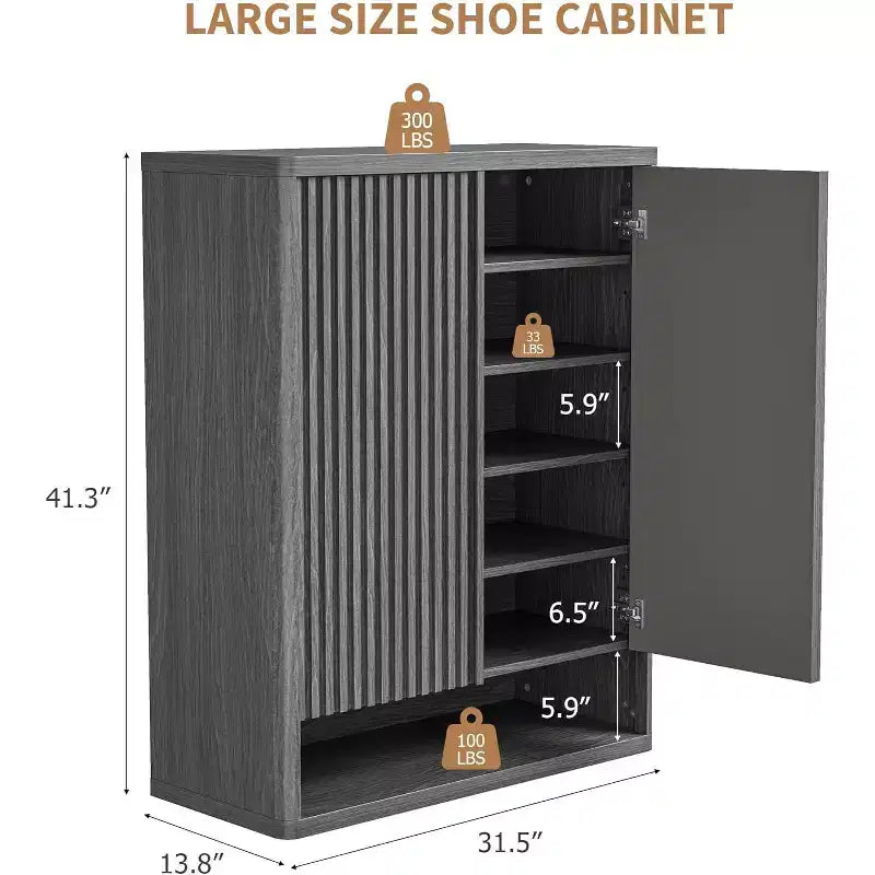 41.3" Shoe Cabinet with Adjustable Shelves & Fluted Door, Grey