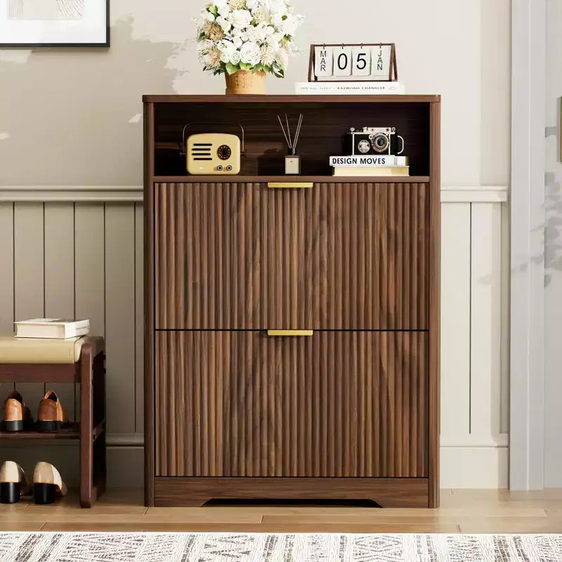 JVNOXK 31-inch entryway shoe cabinet with storage, featuring 2 flip-top drawers. Freestanding , ideal for hallways and corridors. Walnut finish.