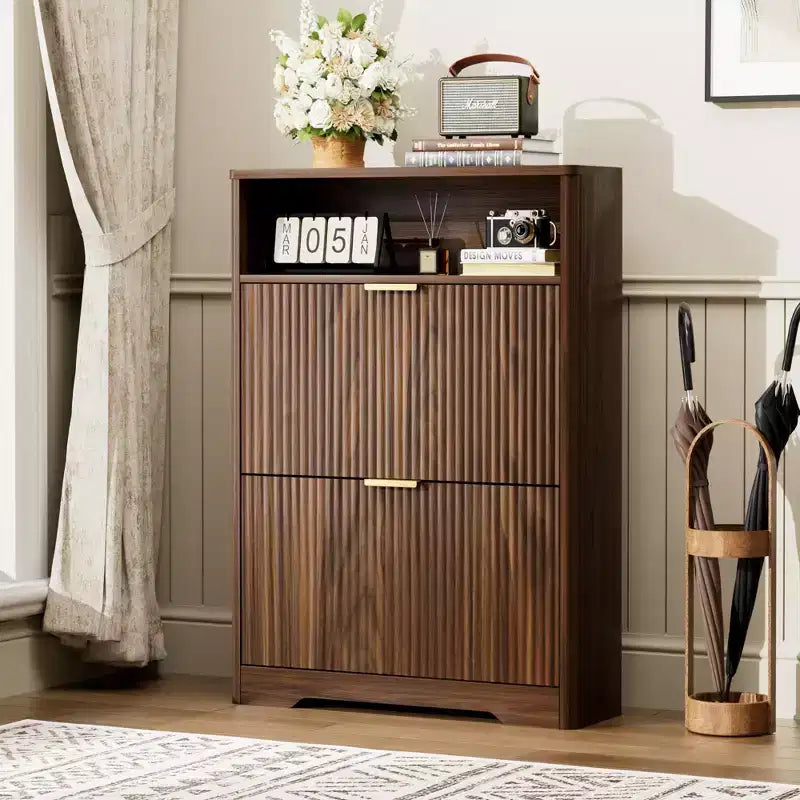 31-Inch Entryway Shoe Cabinet with Flip-Top Drawers, Freestanding, Walnut Finish