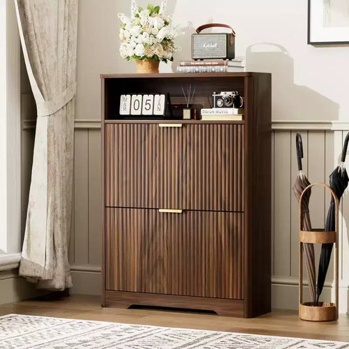 31-Inch Entryway Shoe Cabinet with Flip-Top Drawers, Freestanding, Walnut Finish
