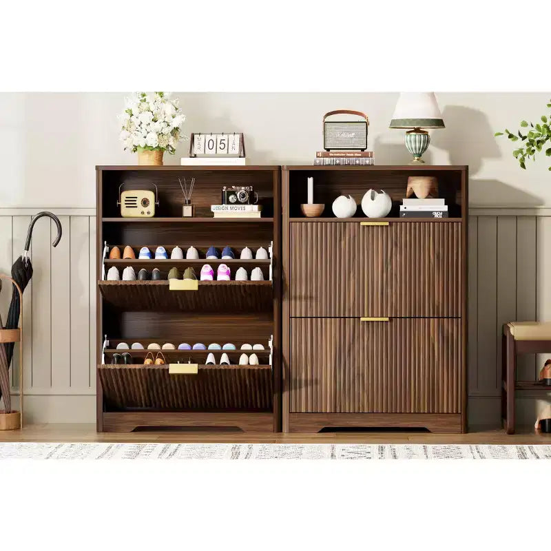 31-Inch Entryway Shoe Cabinet with Flip-Top Drawers, Freestanding, Walnut Finish