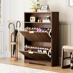 31-Inch Entryway Shoe Cabinet with Flip-Top Drawers, Freestanding, Walnut Finish