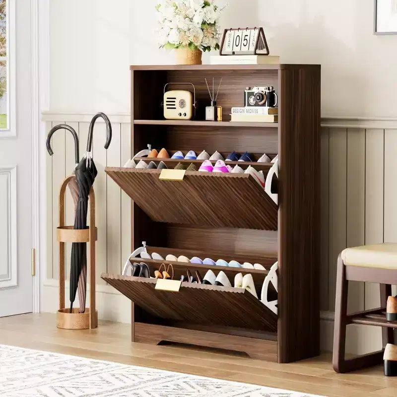 31-Inch Entryway Shoe Cabinet with Flip-Top Drawers, Freestanding, Walnut Finish