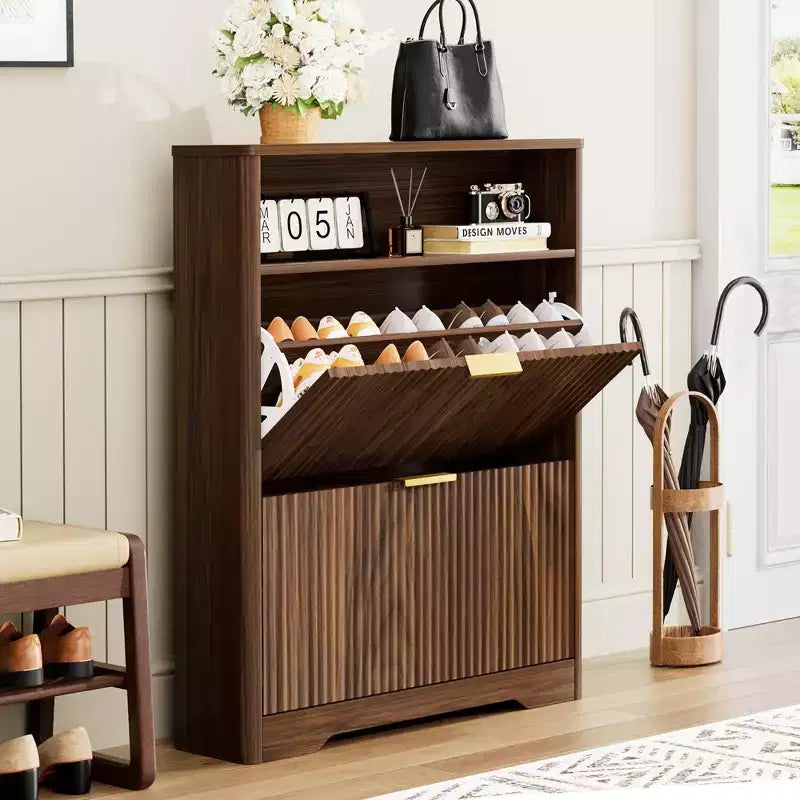 31-Inch Entryway Shoe Cabinet with Flip-Top Drawers, Freestanding, Walnut Finish
