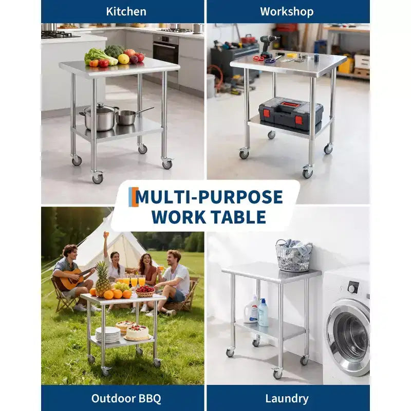 Stainless Steel Mobile Prep Table – Heavy Duty Commercial Work Table with Adjustable Shelf & 4 Locking Casters for Kitchen, Restaurant & Garage