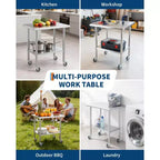 Stainless Steel Mobile Prep Table – Heavy Duty Commercial Work Table with Adjustable Shelf & 4 Locking Casters for Kitchen, Restaurant & Garage