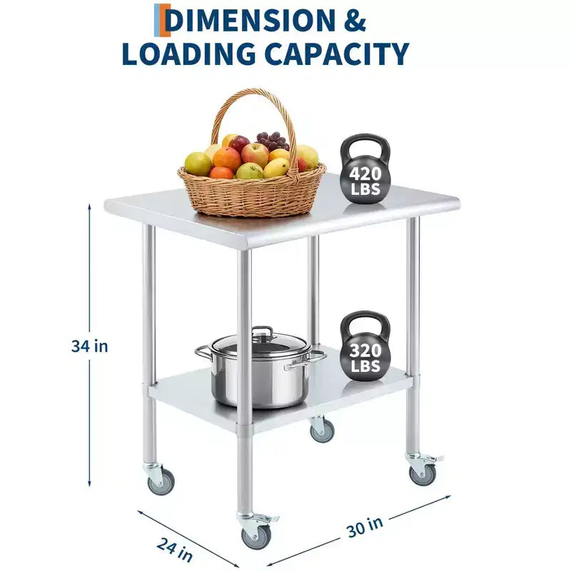 Stainless Steel Mobile Prep Table – Heavy Duty Commercial Work Table with Adjustable Shelf & 4 Locking Casters for Kitchen, Restaurant & Garage