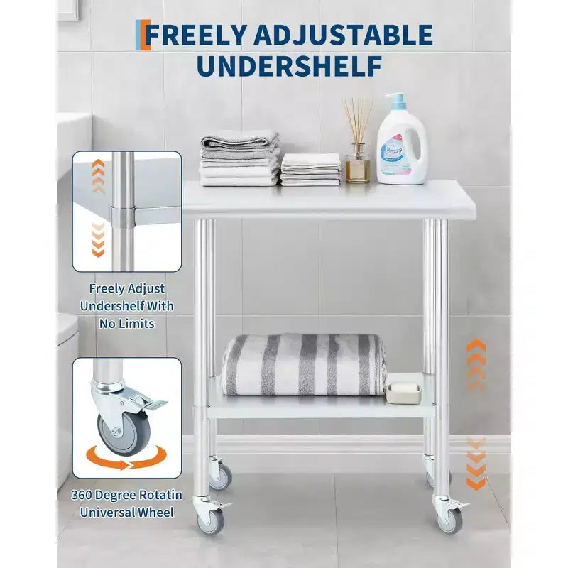Stainless Steel Mobile Prep Table – Heavy Duty Commercial Work Table with Adjustable Shelf & 4 Locking Casters for Kitchen, Restaurant & Garage