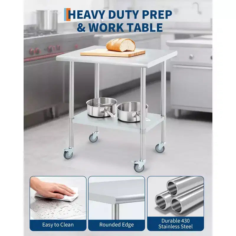 Stainless Steel Mobile Prep Table – Heavy Duty Commercial Work Table with Adjustable Shelf & 4 Locking Casters for Kitchen, Restaurant & Garage