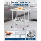 Stainless Steel Mobile Prep Table – Heavy Duty Commercial Work Table with Adjustable Shelf & 4 Locking Casters for Kitchen, Restaurant & Garage