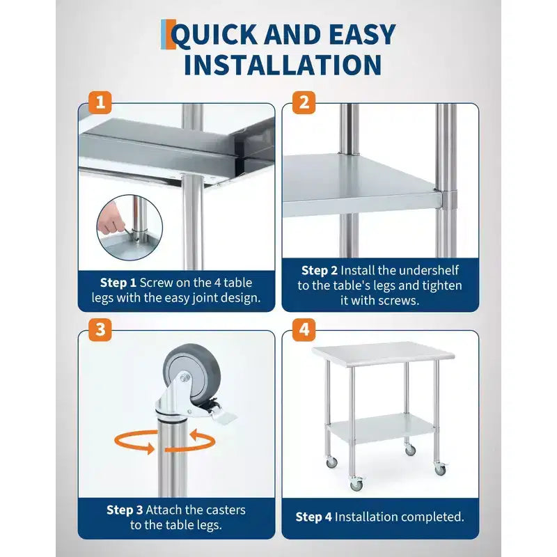 Stainless Steel Mobile Prep Table – Heavy Duty Commercial Work Table with Adjustable Shelf & 4 Locking Casters for Kitchen, Restaurant & Garage