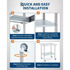 Stainless Steel Mobile Prep Table – Heavy Duty Commercial Work Table with Adjustable Shelf & 4 Locking Casters for Kitchen, Restaurant & Garage