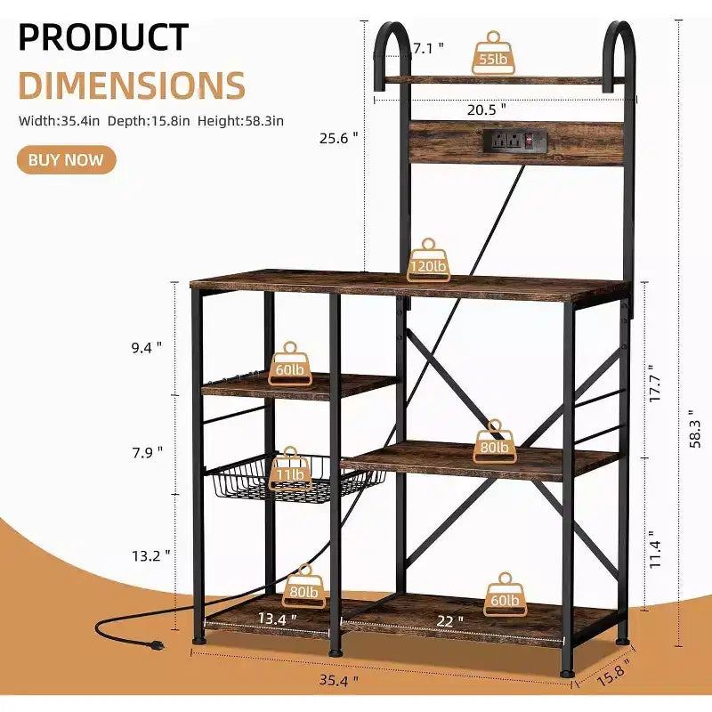 Kitchen Bakers Rack with Power Outlet, Multifunctional Organizer & Storage with 6 Hooks, Microwave Oven Stand and Coffee Station