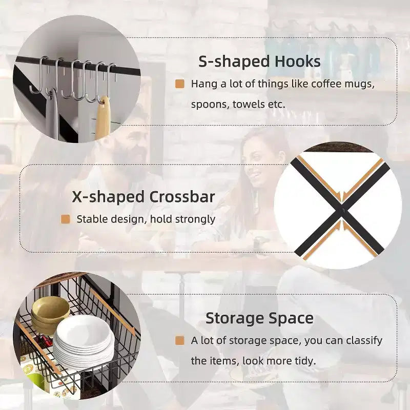 Kitchen Bakers Rack with Power Outlet, Multifunctional Organizer & Storage with 6 Hooks, Microwave Oven Stand and Coffee Station