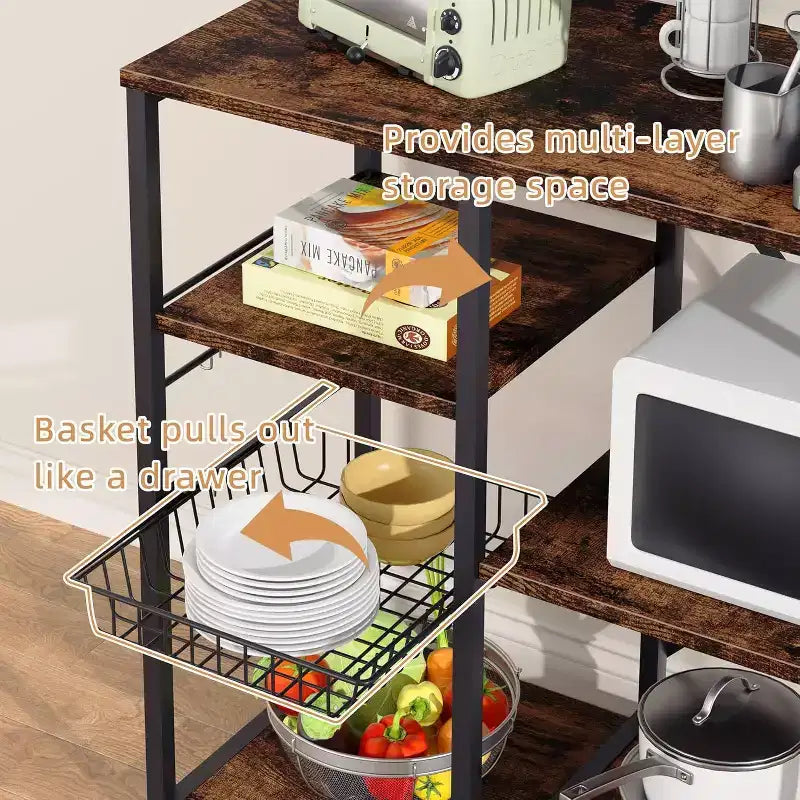 Kitchen Bakers Rack with Power Outlet, Multifunctional Organizer & Storage with 6 Hooks, Microwave Oven Stand and Coffee Station