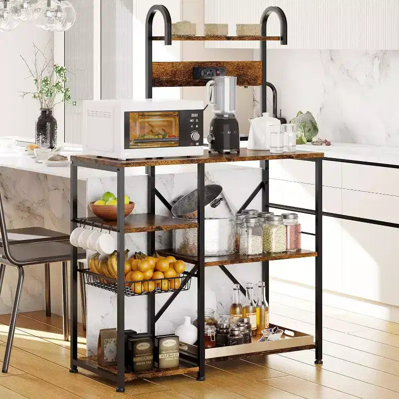 Kitchen Bakers Rack with Power Outlet, Multifunctional Organizer & Storage with 6 Hooks, Microwave Oven Stand and Coffee Station