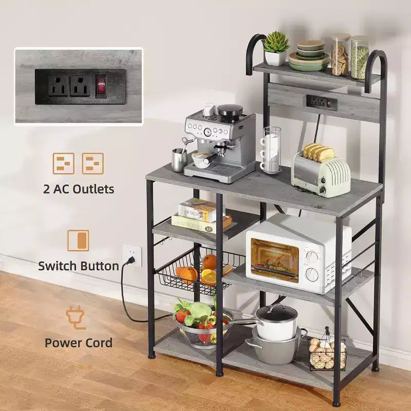 Kitchen Bakers Rack with Power Outlet, Multifunctional Organizer & Storage with 6 Hooks, Microwave Oven Stand and Coffee Station