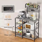 Kitchen Bakers Rack with Power Outlet, Multifunctional Organizer & Storage with 6 Hooks, Microwave Oven Stand and Coffee Station