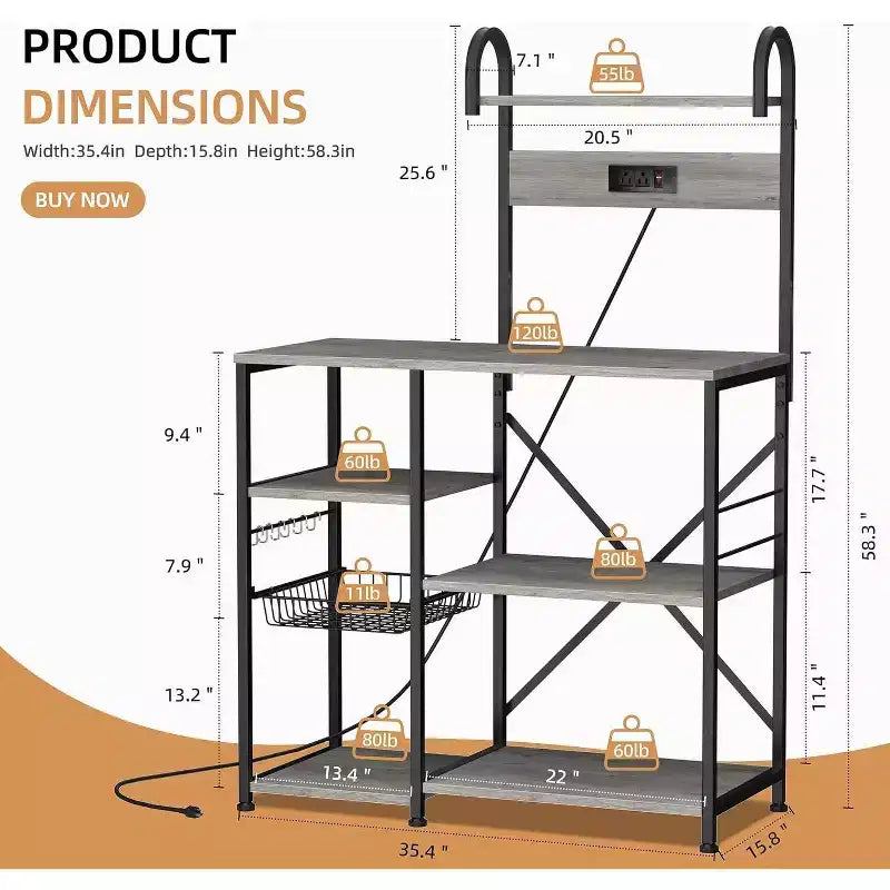 Kitchen Bakers Rack with Power Outlet, Multifunctional Organizer & Storage with 6 Hooks, Microwave Oven Stand and Coffee Station