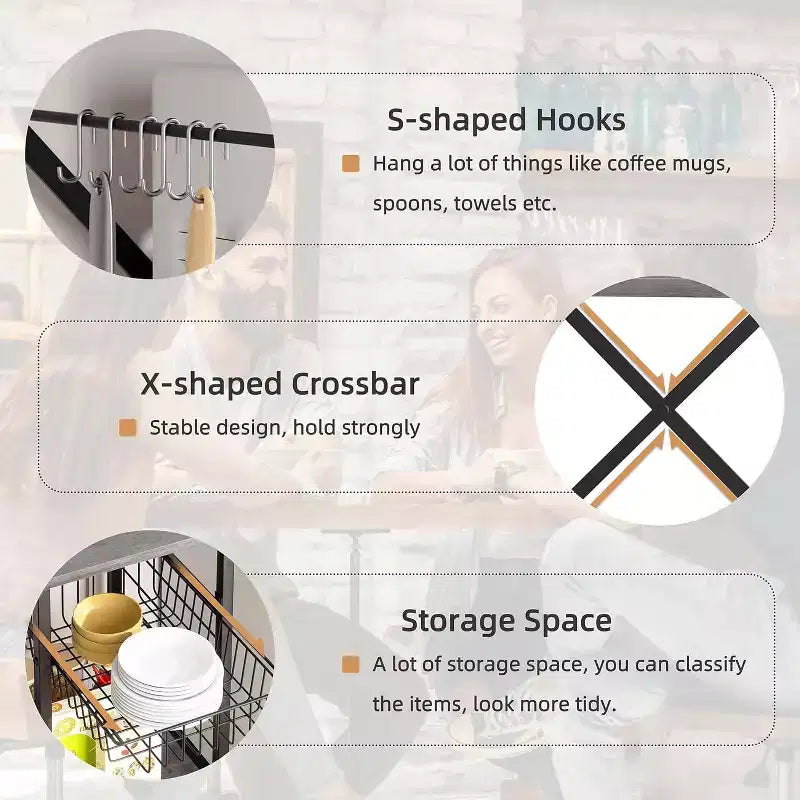 Kitchen Bakers Rack with Power Outlet, Multifunctional Organizer & Storage with 6 Hooks, Microwave Oven Stand and Coffee Station
