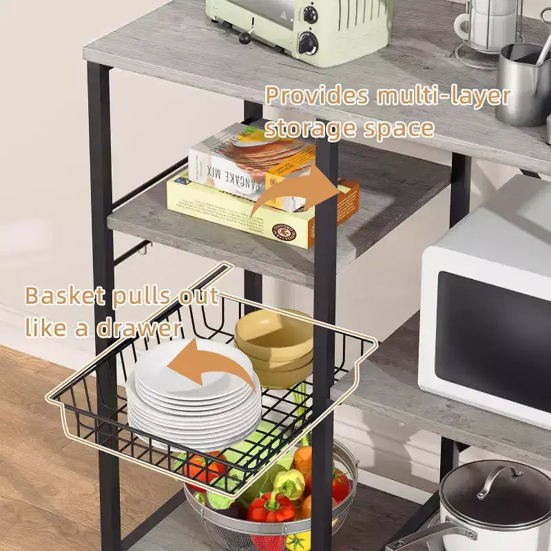 Kitchen Bakers Rack with Power Outlet, Multifunctional Organizer & Storage with 6 Hooks, Microwave Oven Stand and Coffee Station