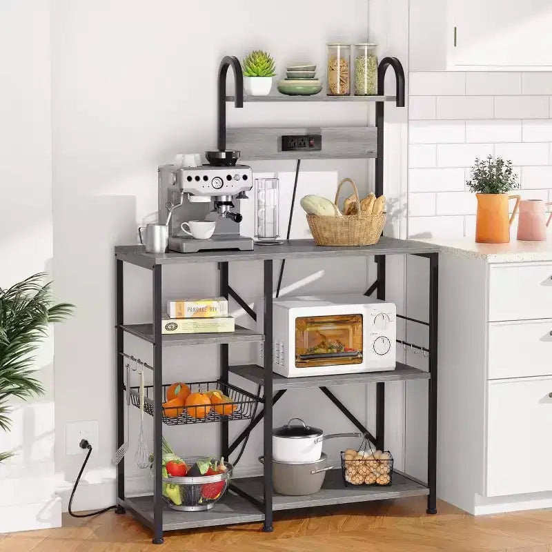 Kitchen Bakers Rack with Power Outlet, Multifunctional Organizer & Storage with 6 Hooks, Microwave Oven Stand and Coffee Station