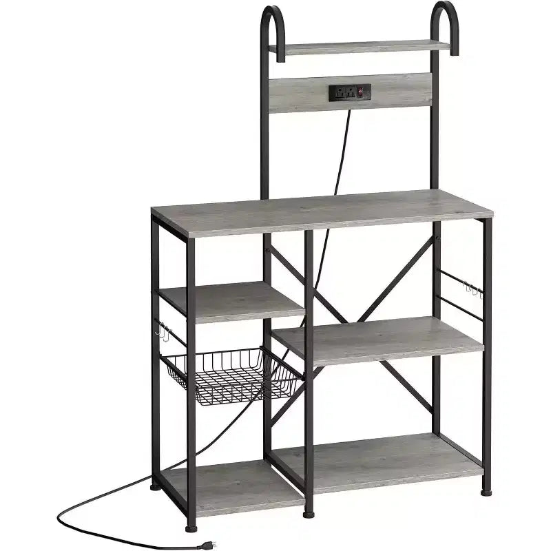 Kitchen Bakers Rack with Power Outlet, Multifunctional Organizer & Storage with 6 Hooks, Microwave Oven Stand and Coffee Station