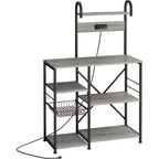 Kitchen Bakers Rack with Power Outlet, Multifunctional Organizer & Storage with 6 Hooks, Microwave Oven Stand and Coffee Station