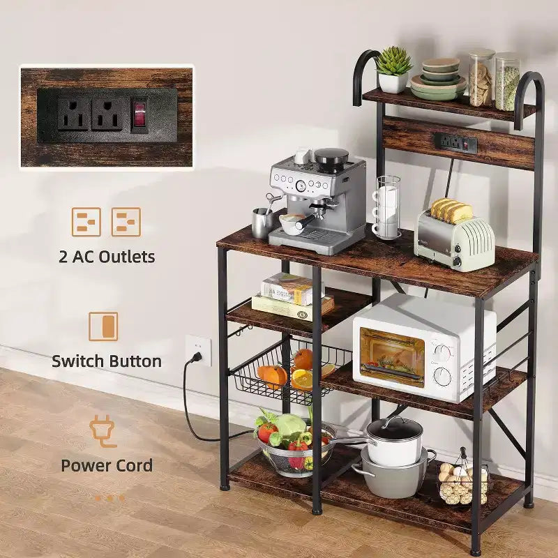 Kitchen Bakers Rack with Power Outlet, Multifunctional Organizer & Storage with 6 Hooks, Microwave Oven Stand and Coffee Station