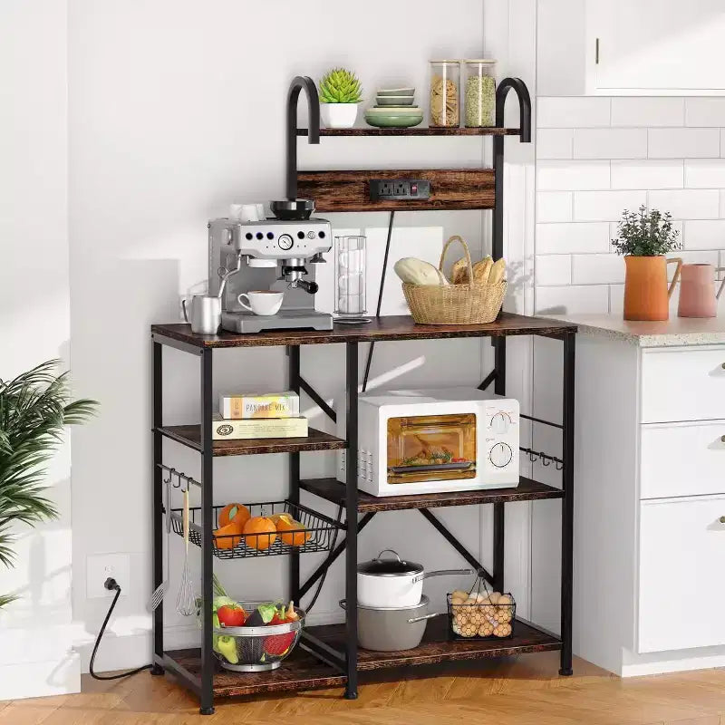 Kitchen Bakers Rack with Power Outlet, Multifunctional Organizer & Storage with 6 Hooks, Microwave Oven Stand and Coffee Station