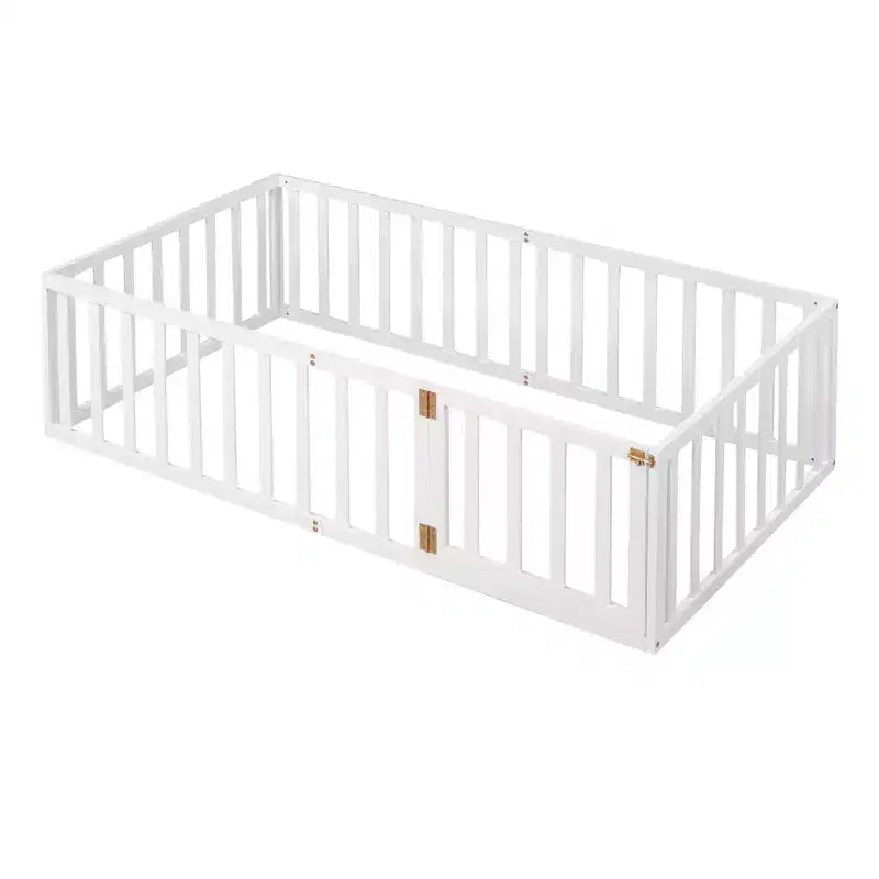 Twin Size Wooden Floor Bed Frame with Fence and Door