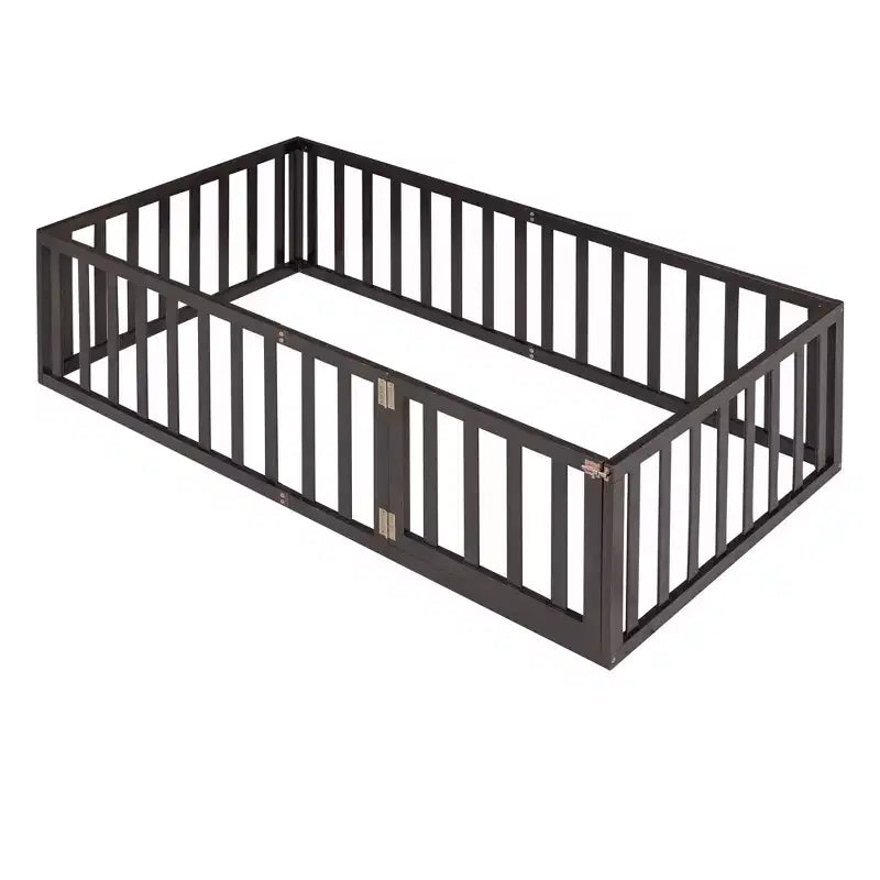 Twin Size Wooden Floor Bed Frame with Fence and Door