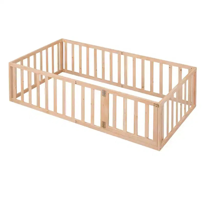 Twin Size Wooden Floor Bed Frame with Fence and Door