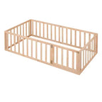 Twin Size Wooden Floor Bed Frame with Fence and Door