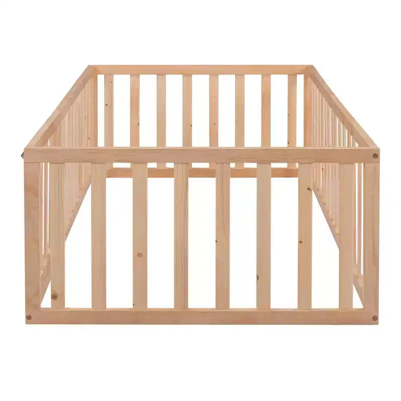 Twin Size Wooden Floor Bed Frame with Fence and Door