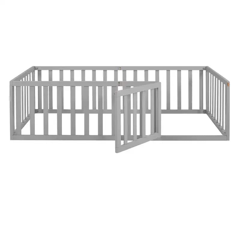 Twin Size Wooden Floor Bed Frame with Fence and Door