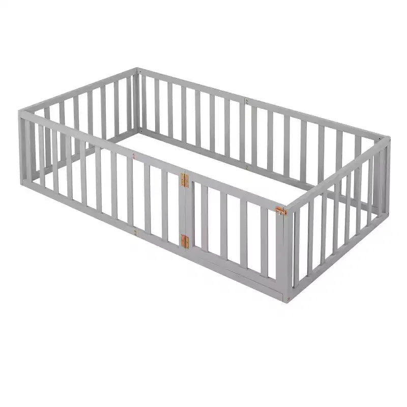 Twin Size Wooden Floor Bed Frame with Fence and Door