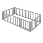 Twin Size Wooden Floor Bed Frame with Fence and Door