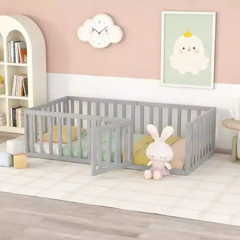Luxystar Twin Size Wooden Floor Bed Frame with Fence and Door