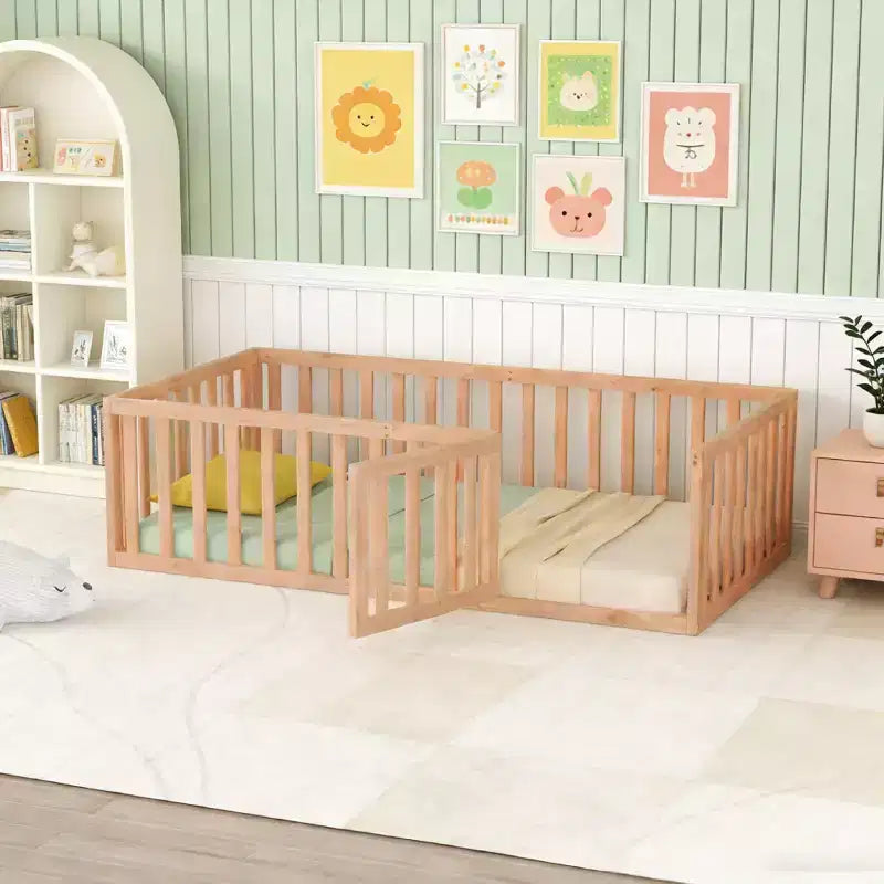 Twin Size Wooden Floor Bed Frame with Fence and Door