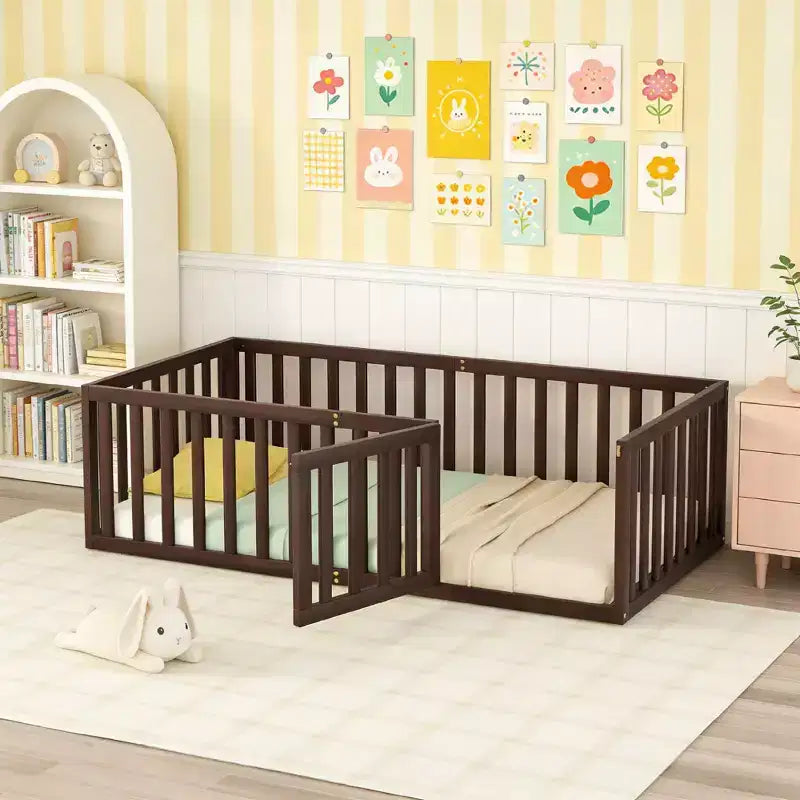 Twin Size Wooden Floor Bed Frame with Fence and Door