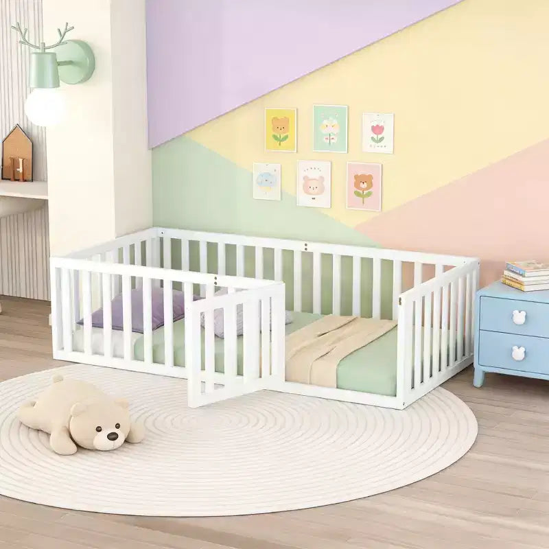 Twin Size Wooden Floor Bed Frame with Fence and Door