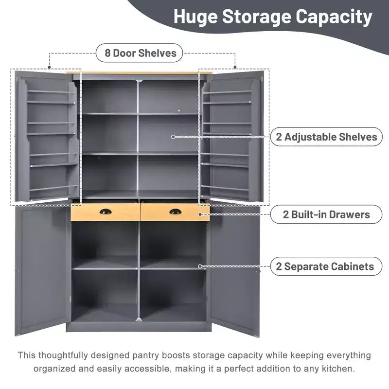 Freestanding Kitchen Pantry Storage Cabinet with 2 Drawers and 8 Door Shelves