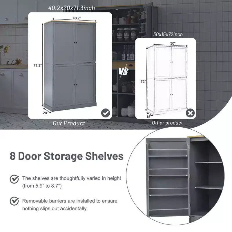 Freestanding Kitchen Pantry Storage Cabinet with 2 Drawers and 8 Door Shelves