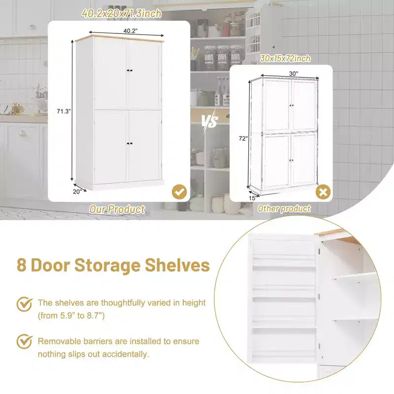 Freestanding Kitchen Pantry Storage Cabinet with 2 Drawers and 8 Door Shelves