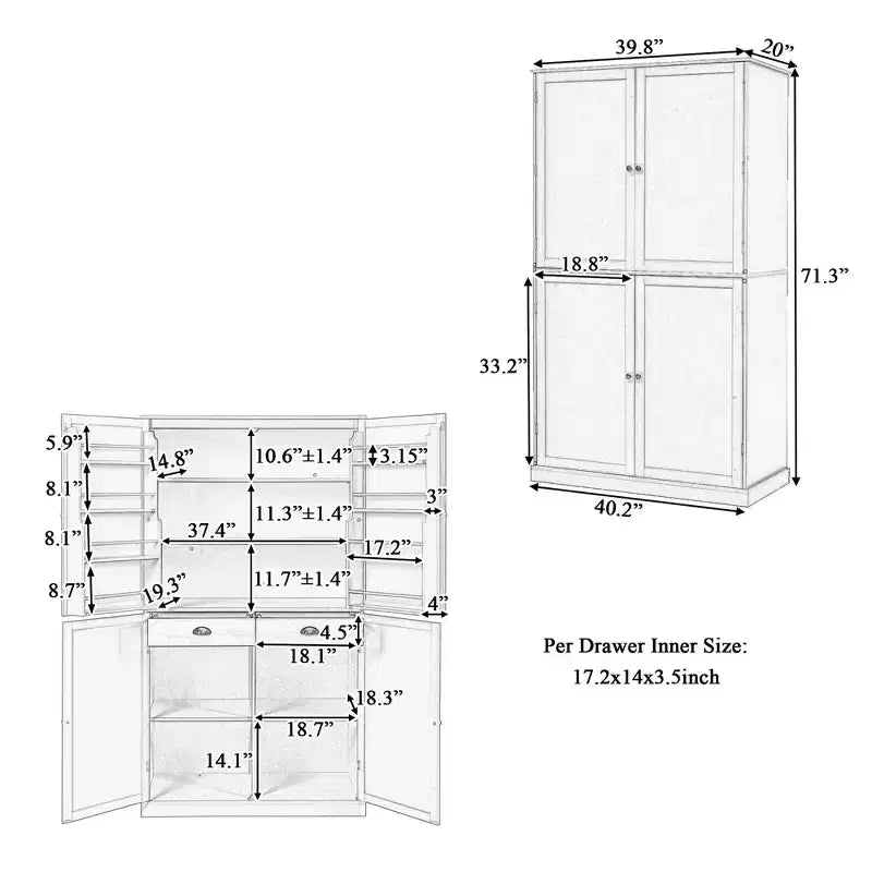 Freestanding Kitchen Pantry Storage Cabinet with 2 Drawers and 8 Door Shelves
