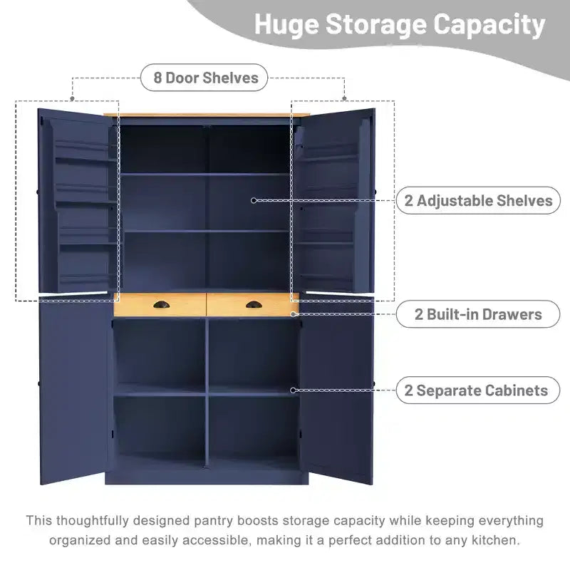 Freestanding Kitchen Pantry Storage Cabinet with 2 Drawers and 8 Door Shelves