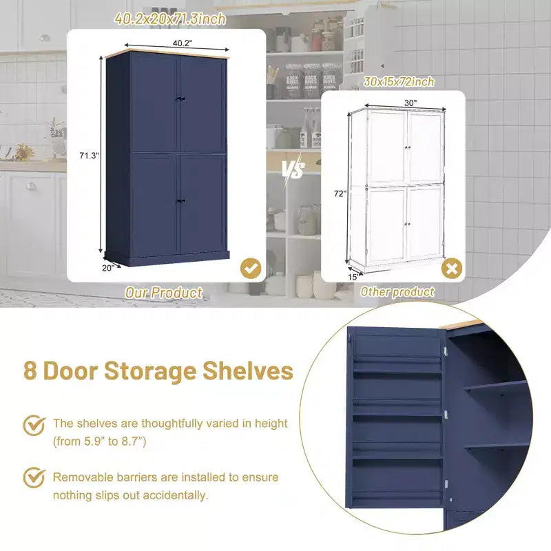Freestanding Kitchen Pantry Storage Cabinet with 2 Drawers and 8 Door Shelves